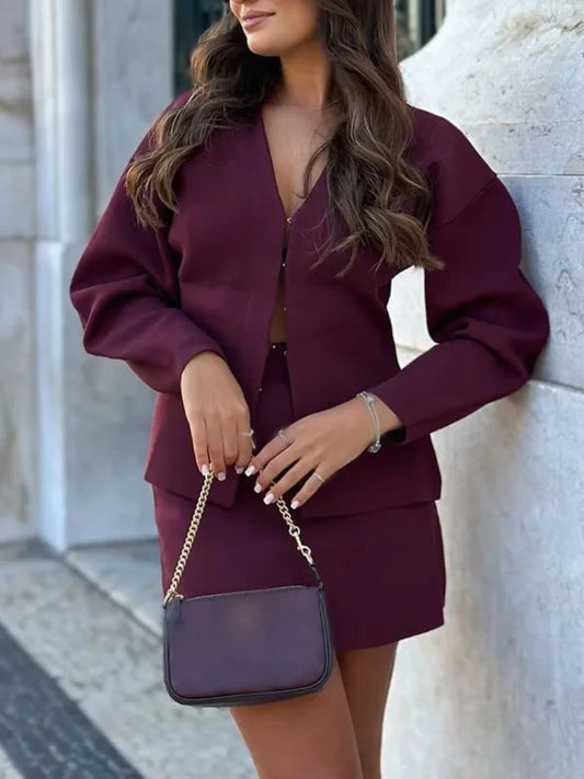 V-Neck Cardigan and Mini Skirt Set